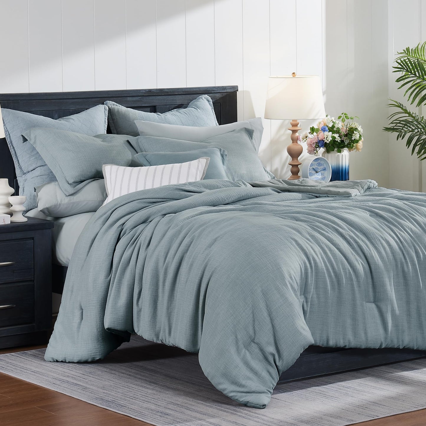 Geniospin Full Comforter Set - 7 Pieces Comforter Full Size, Solid Bedding Sets for All Season, Textured Bed in a Bag with Sheets