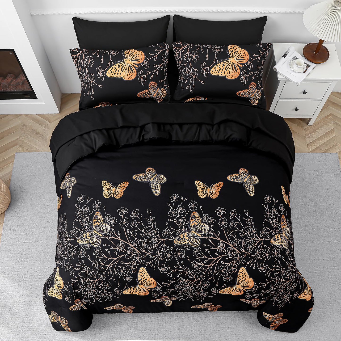 Yogeneg 7 Piece Bed in a Bag King Size Comforter Set Botanical Floral Bedding Set,White Flower Leaves Printed on Black Reversible Design