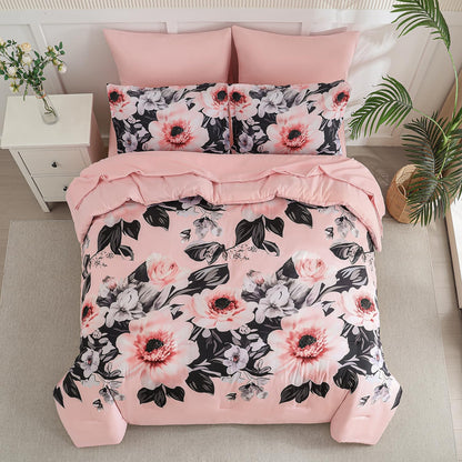 Yogeneg 7 Piece Bed in a Bag King Size Comforter Set Botanical Floral Bedding Set,White Flower Leaves Printed on Black Reversible Design