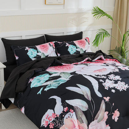 Yogeneg 7 Piece Bed in a Bag King Size Comforter Set Botanical Floral Bedding Set,White Flower Leaves Printed on Black Reversible Design