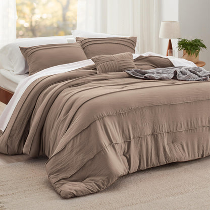 Bedsure Beige Queen Comforter Set - 4 Pieces Pinch Pleat Bed Set, Down Alternative Bedding Sets for All Season, 1 Comforter, 2 Pillowcases, 1 Decorative Pillow