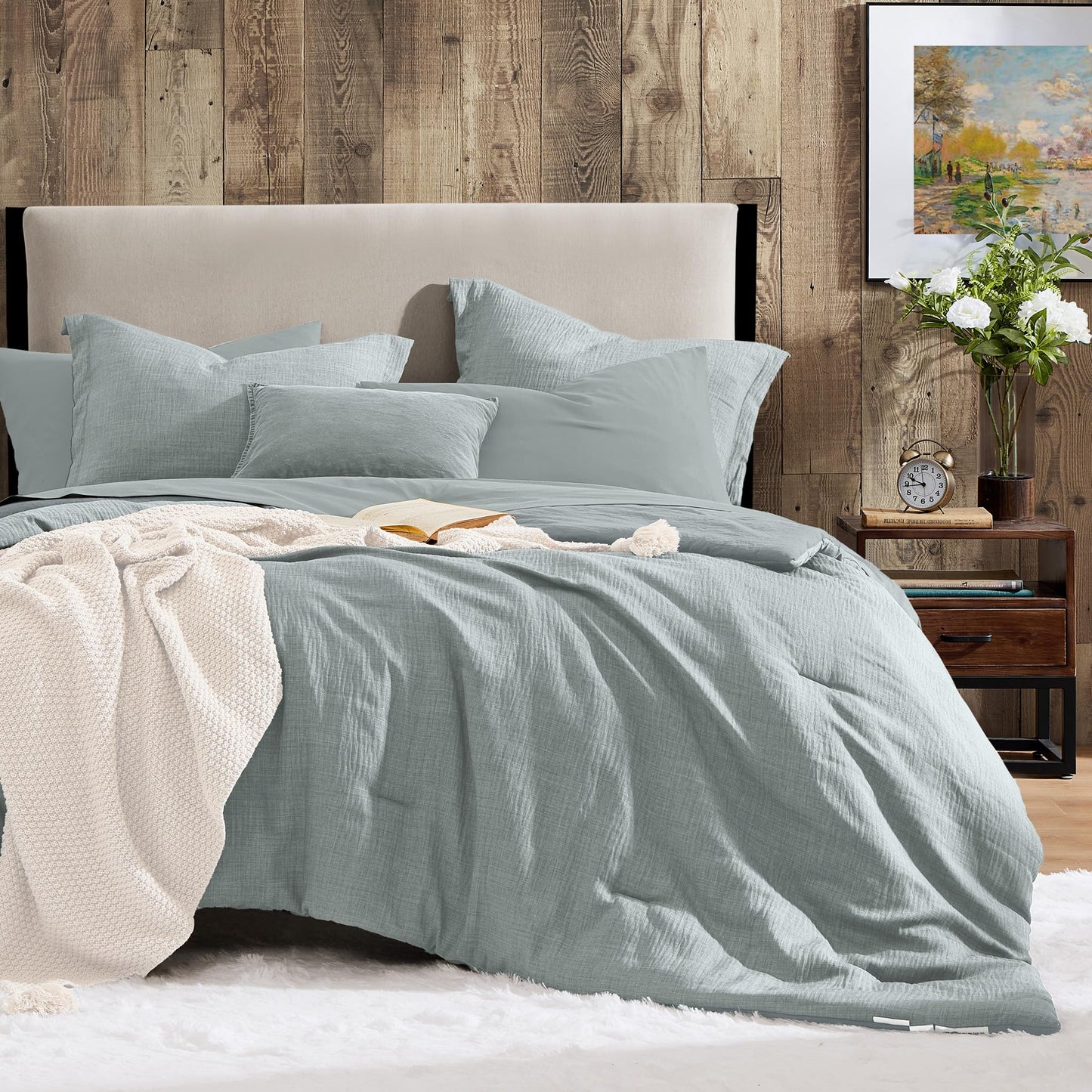 Geniospin Full Comforter Set - 7 Pieces Comforter Full Size, Solid Bedding Sets for All Season, Textured Bed in a Bag with Sheets