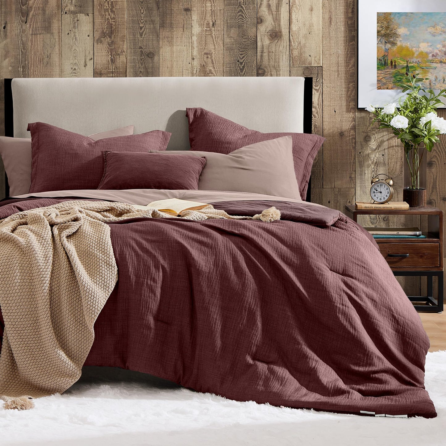 Geniospin Full Comforter Set - 7 Pieces Comforter Full Size, Solid Bedding Sets for All Season, Textured Bed in a Bag with Sheets